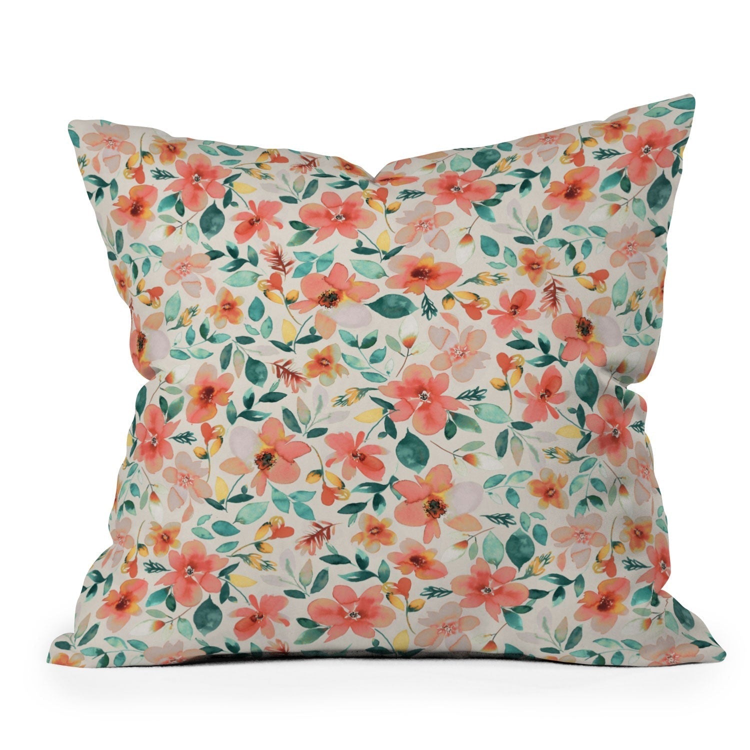 Ninola Design Botanic Retreat Tropical Whimsical Flowers Coral Green Outdoor Throw Pillow