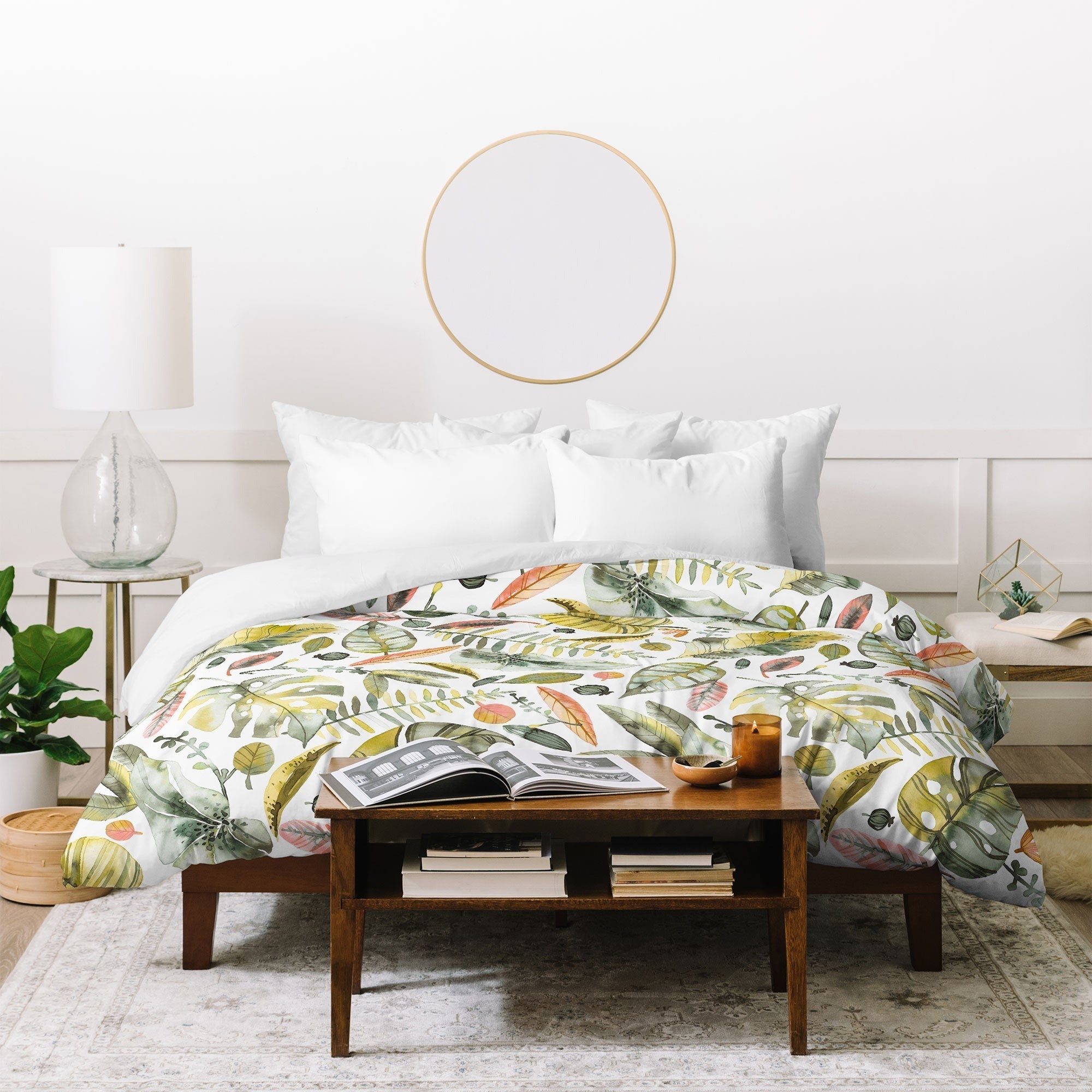 Ninola Design Botanic Retreat Tropical Jungle Leaves Botanical Green Orange Duvet Cover