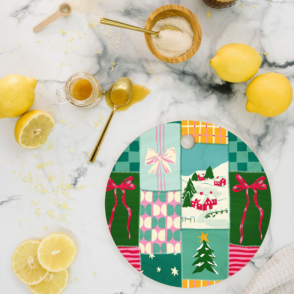 LouBruzzoni Cozy Christmas Patchwork Cutting Board Round