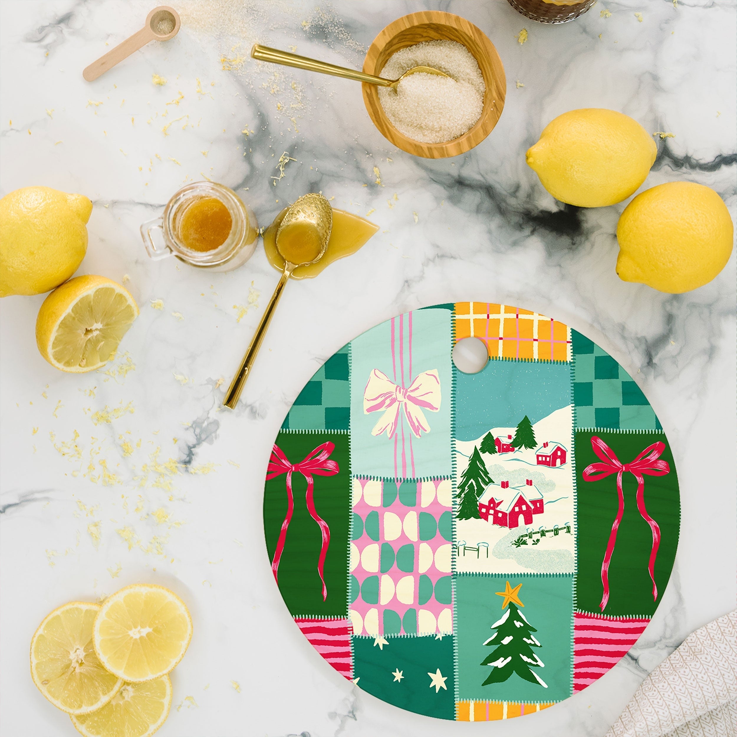 LouBruzzoni Cozy Christmas Patchwork Cutting Board Round