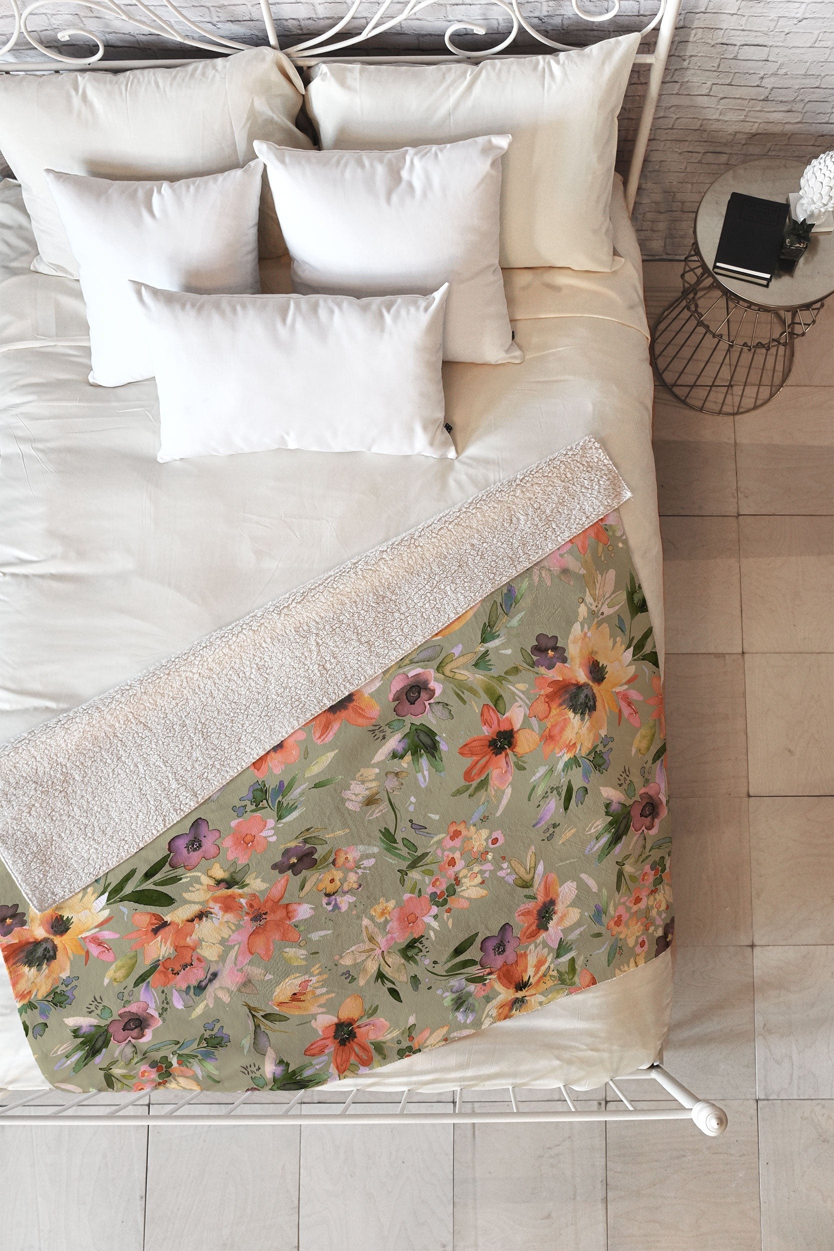 Ninola Design Botanic Retreat Painterly Tropical Flowers Sage Green Fleece Throw Blanket