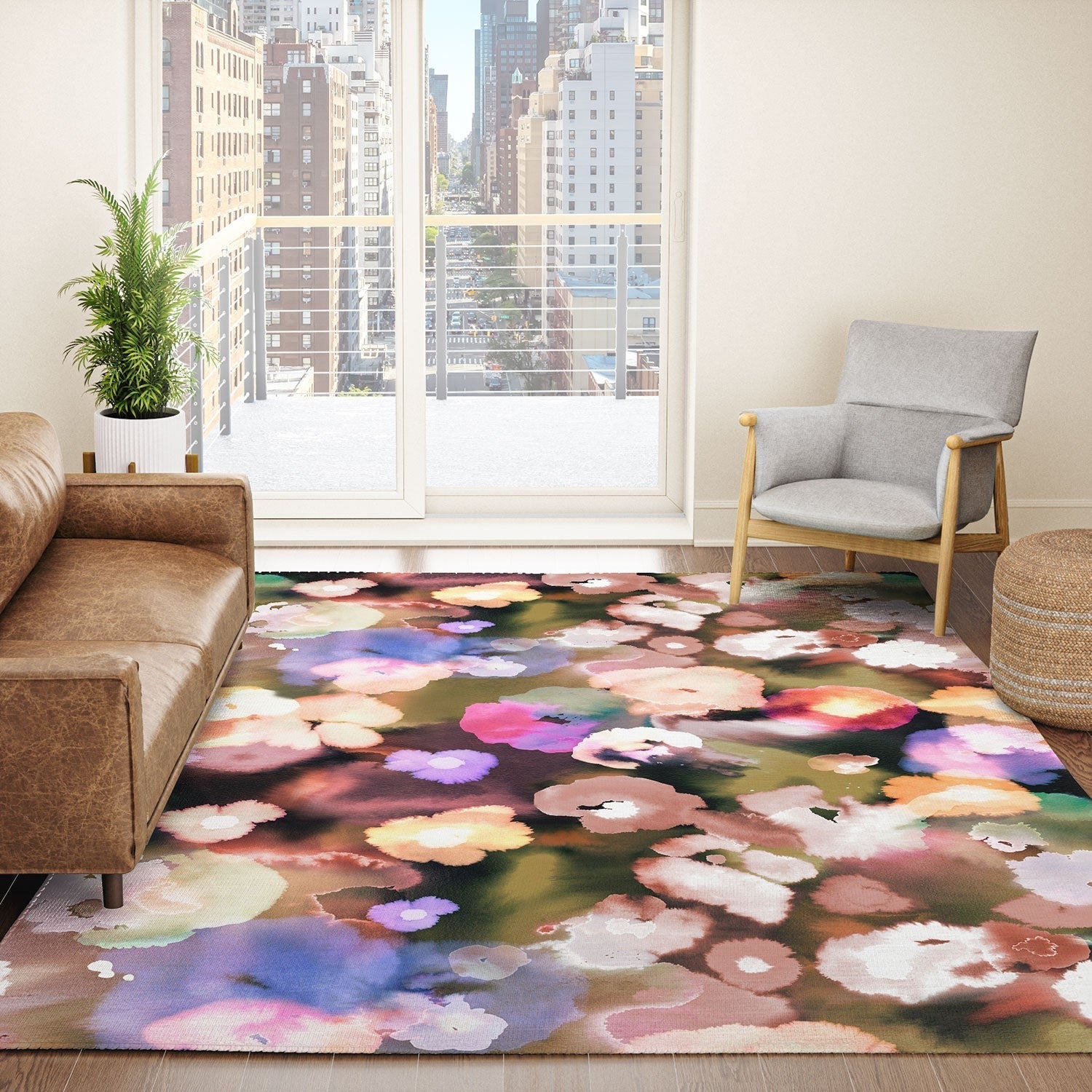 Ninola Design Botanic Retreat Ombre Abstract Watercolor Flowers Pink gold Area Rug