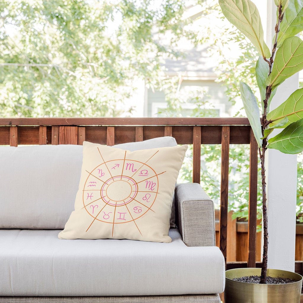 Little Om Zodiac Signs cream Outdoor Throw Pillow