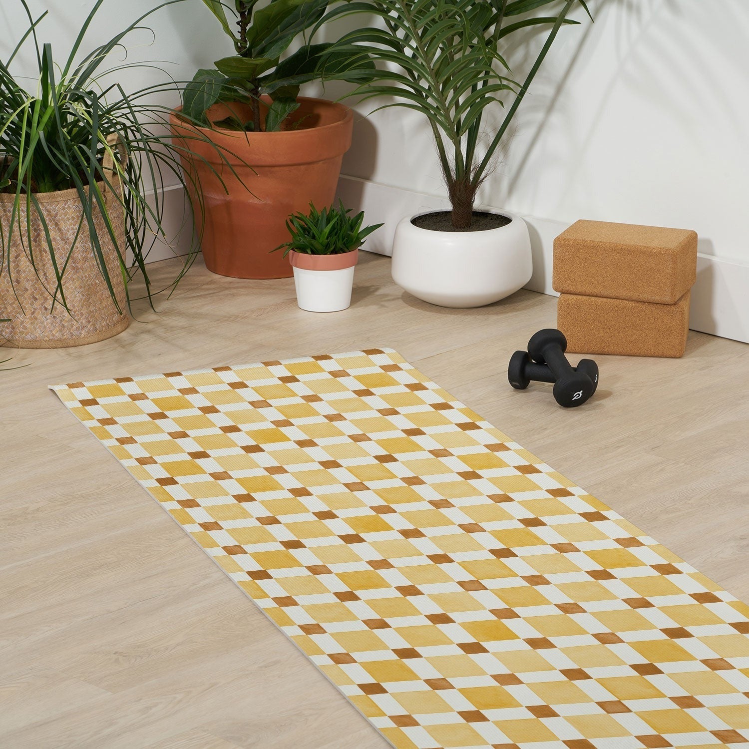 Ninola Design Everyday Artifact Checker Mosaic Tiles Geometry Yellow Yoga Mat