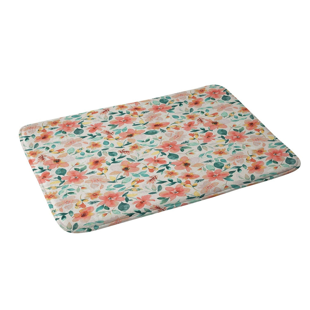 Ninola Design Botanic Retreat Tropical Whimsical Flowers Coral Green Memory Foam Bath Mat