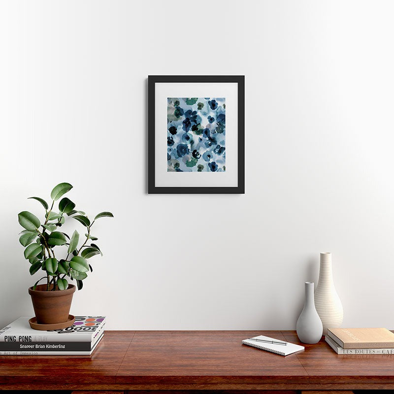 Ninola Design Botanic Retreat Ombre Abstract Watercolor Flowers Blue Navy Framed Art Print