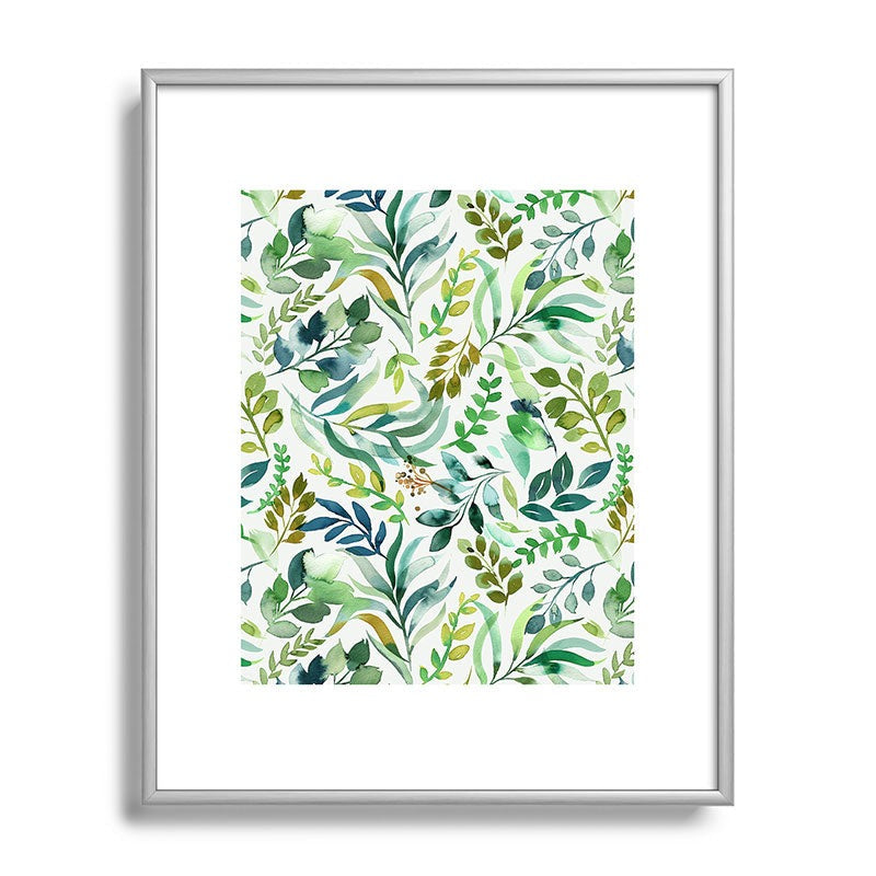 Ninola Design Botanic Retreat Loose Botanical Leaves Watercolor Green Metal Framed Art Print