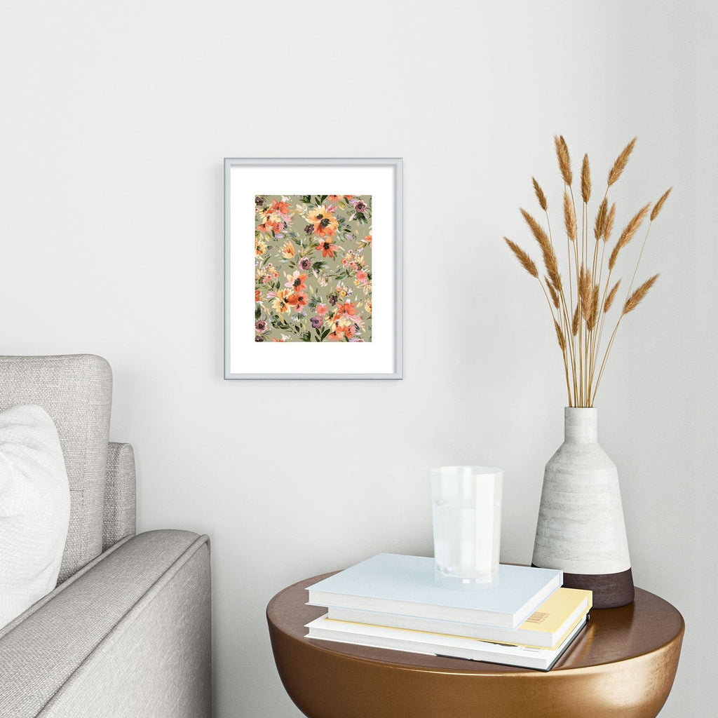 Ninola Design Botanic Retreat Painterly Tropical Flowers Sage Green Metal Framed Art Print