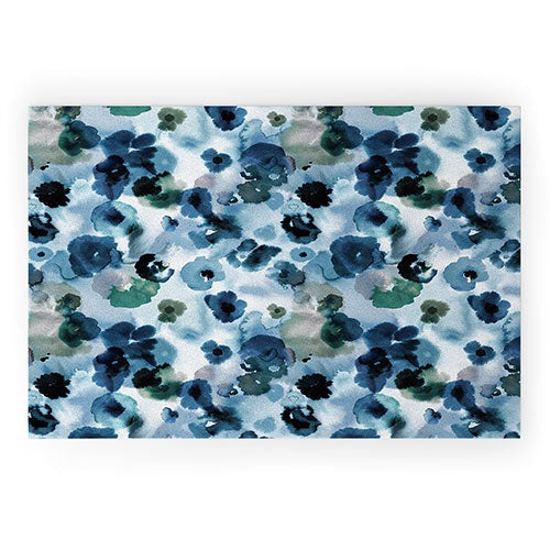 Ninola Design Botanic Retreat Ombre Abstract Watercolor Flowers Blue Navy Welcome Mat