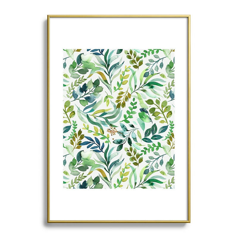 Ninola Design Botanic Retreat Loose Botanical Leaves Watercolor Green Metal Framed Art Print