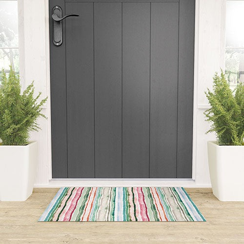 Ninola Design Botanic Retreat Watercolor Stripes Green Orange Red Welcome Mat