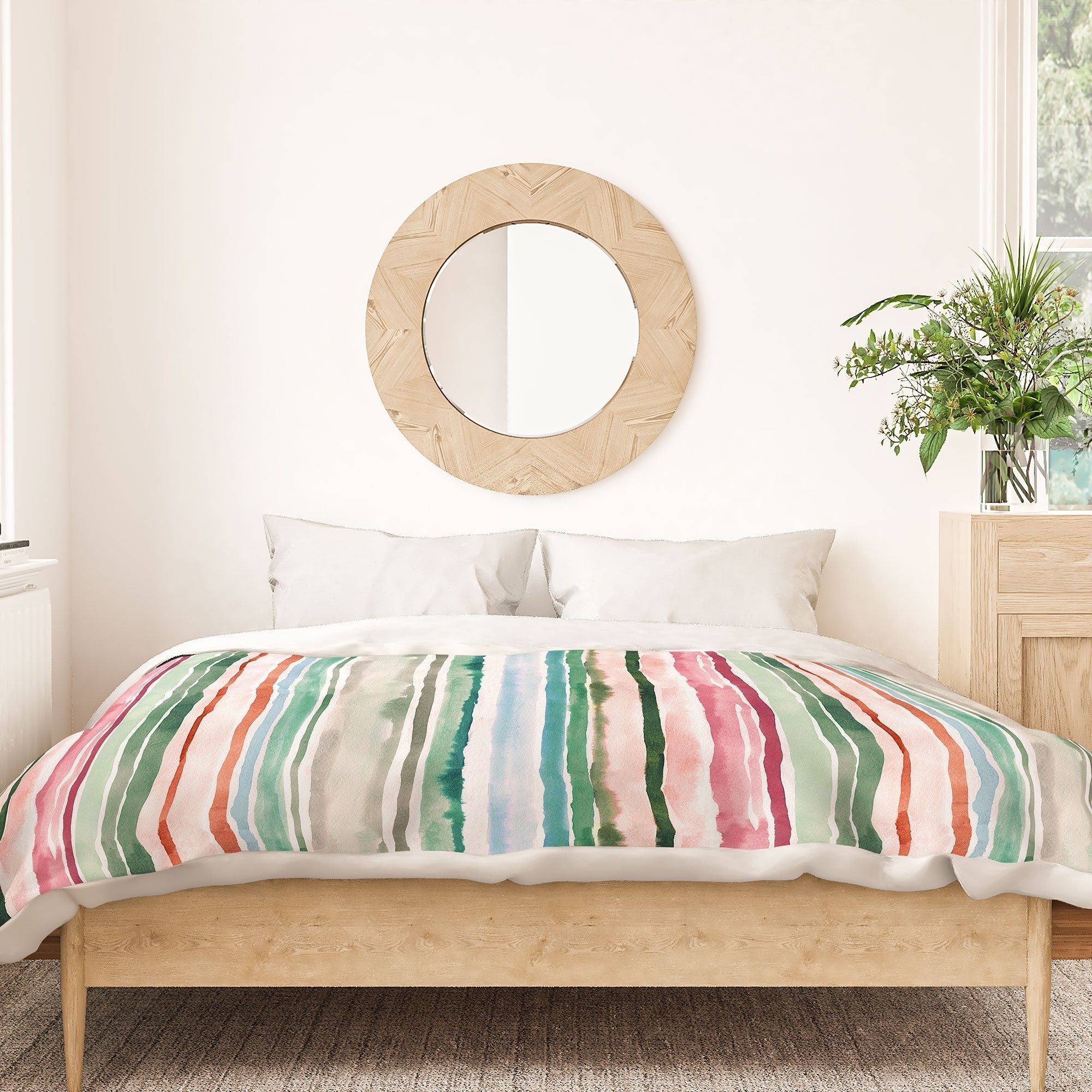 Ninola Design Botanic Retreat Watercolor Stripes Green Orange Red Duvet Cover