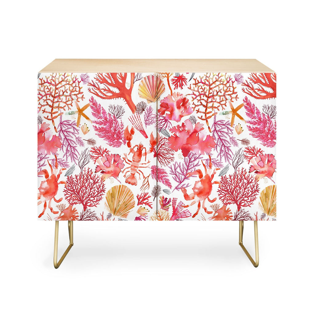 Ninola Design Botanic Retreat Coral Reef Crab Lobster Red Credenza