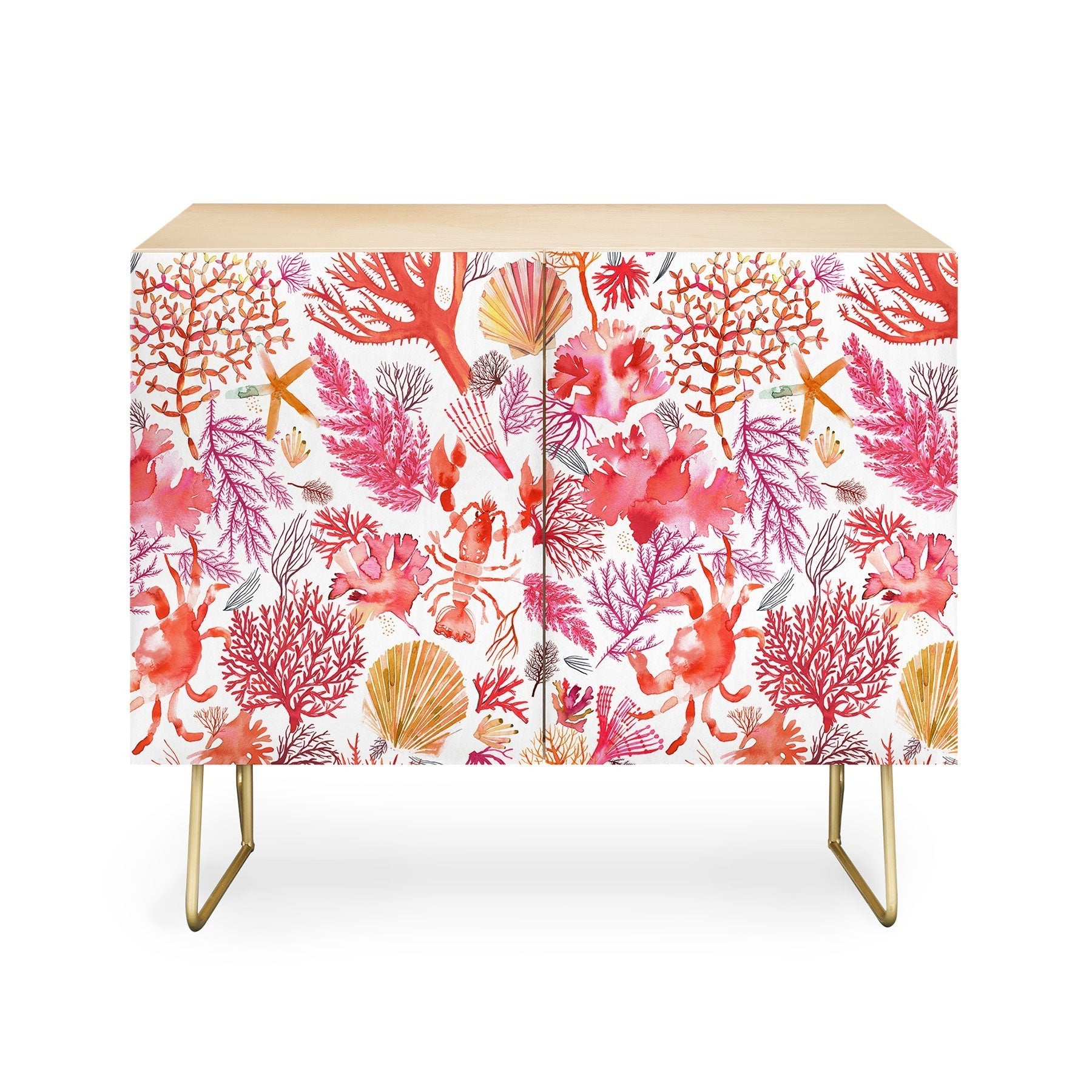 Ninola Design Botanic Retreat Coral Reef Crab Lobster Red Credenza