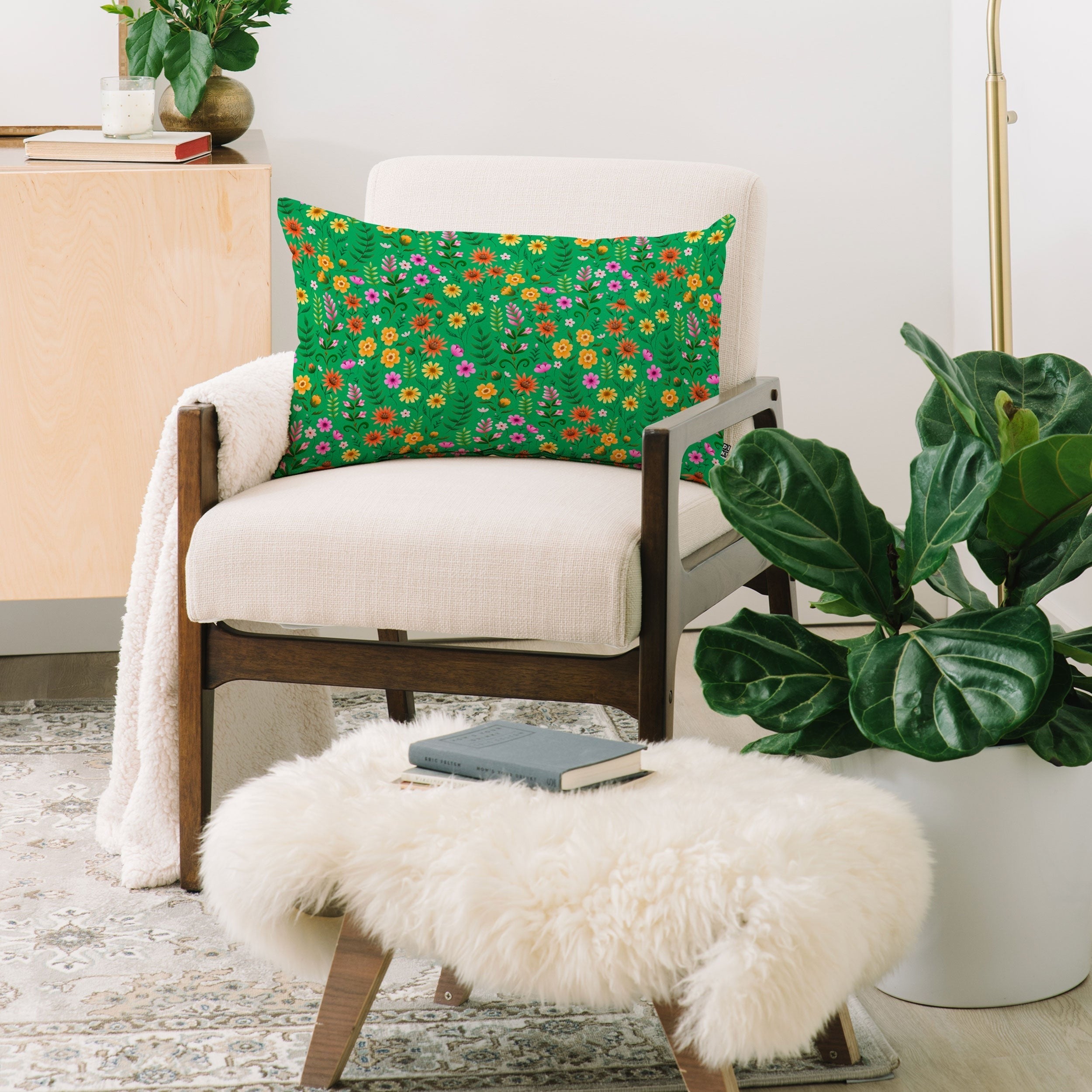 Pimlada Phuapradit Ditsy Spring Floral Green Oblong Throw Pillow