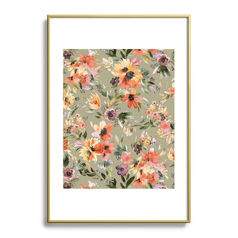 Ninola Design Botanic Retreat Painterly Tropical Flowers Sage Green Metal Framed Art Print