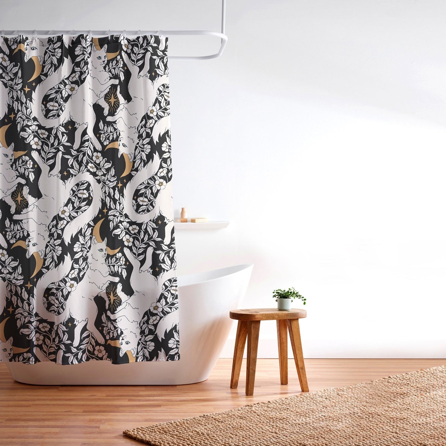 Avenie Celestial Cats Gold Shower Curtain