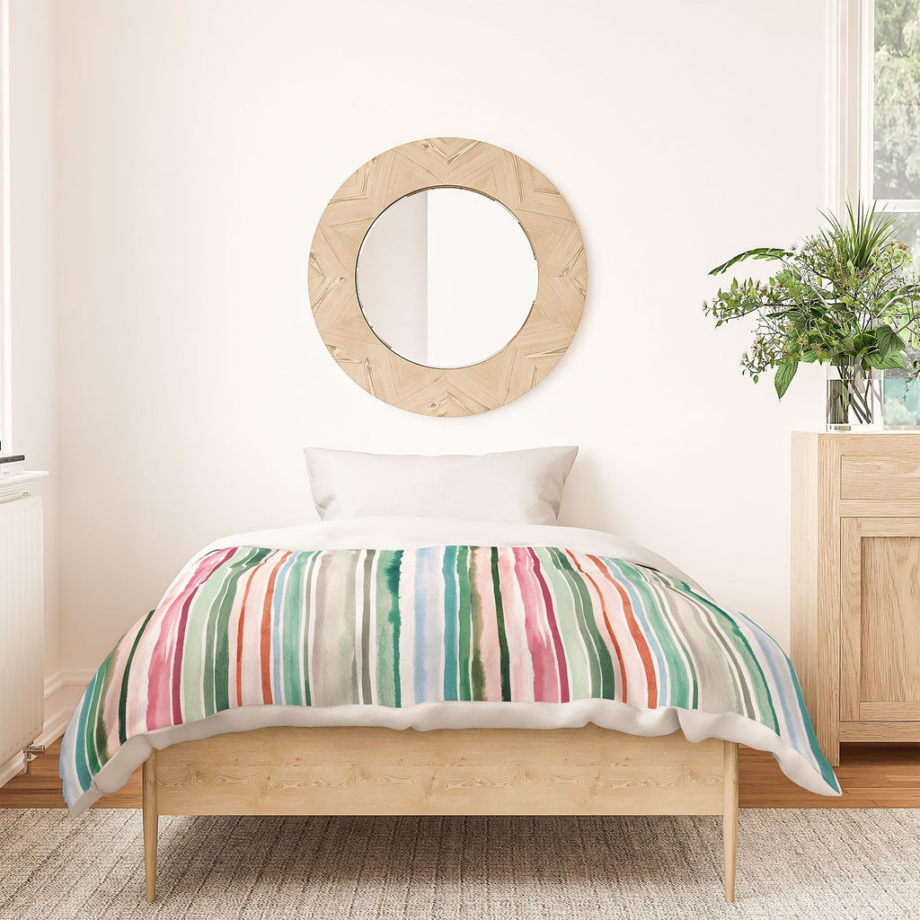 Ninola Design Botanic Retreat Watercolor Stripes Green Orange Red Duvet Cover