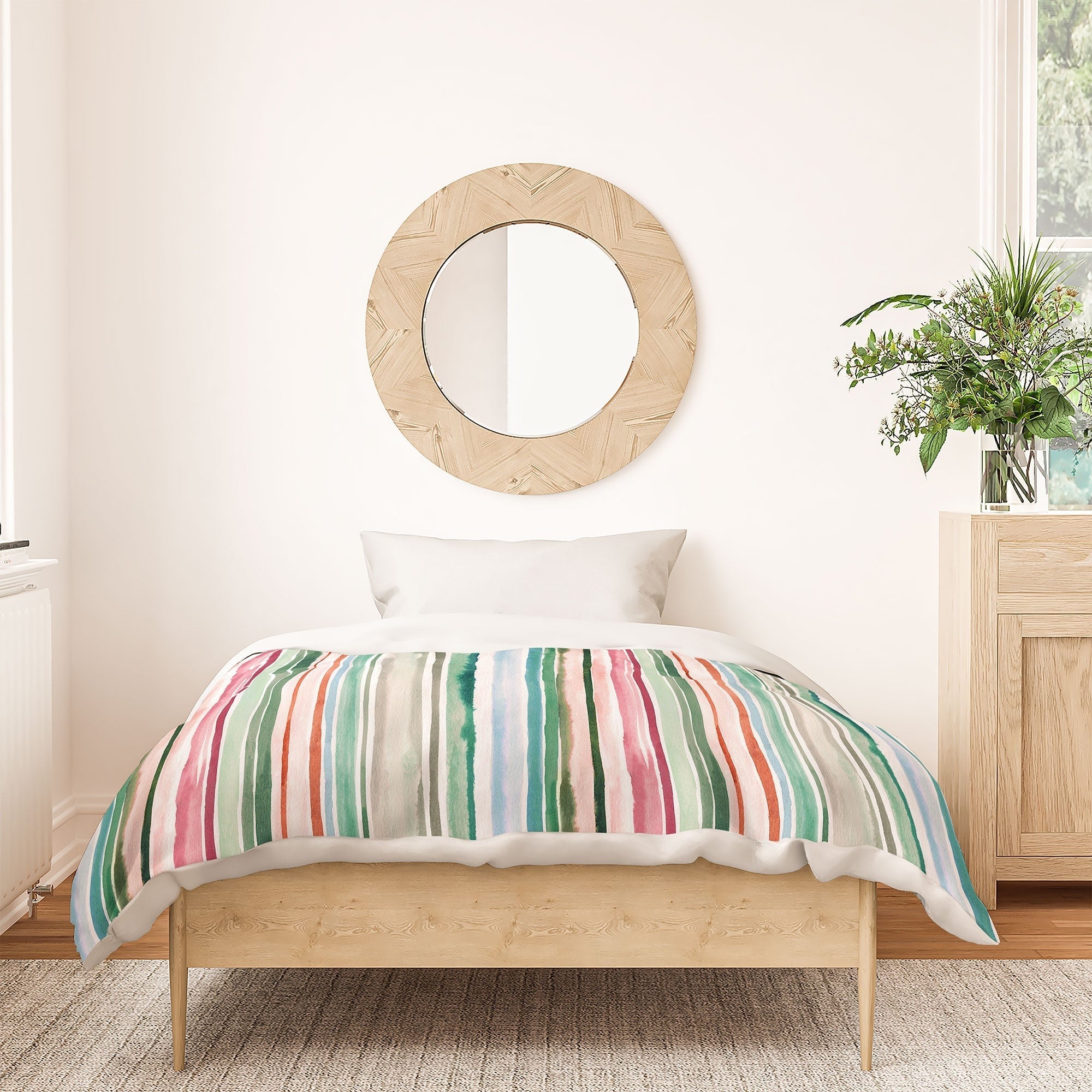 Ninola Design Botanic Retreat Watercolor Stripes Green Orange Red Duvet Cover