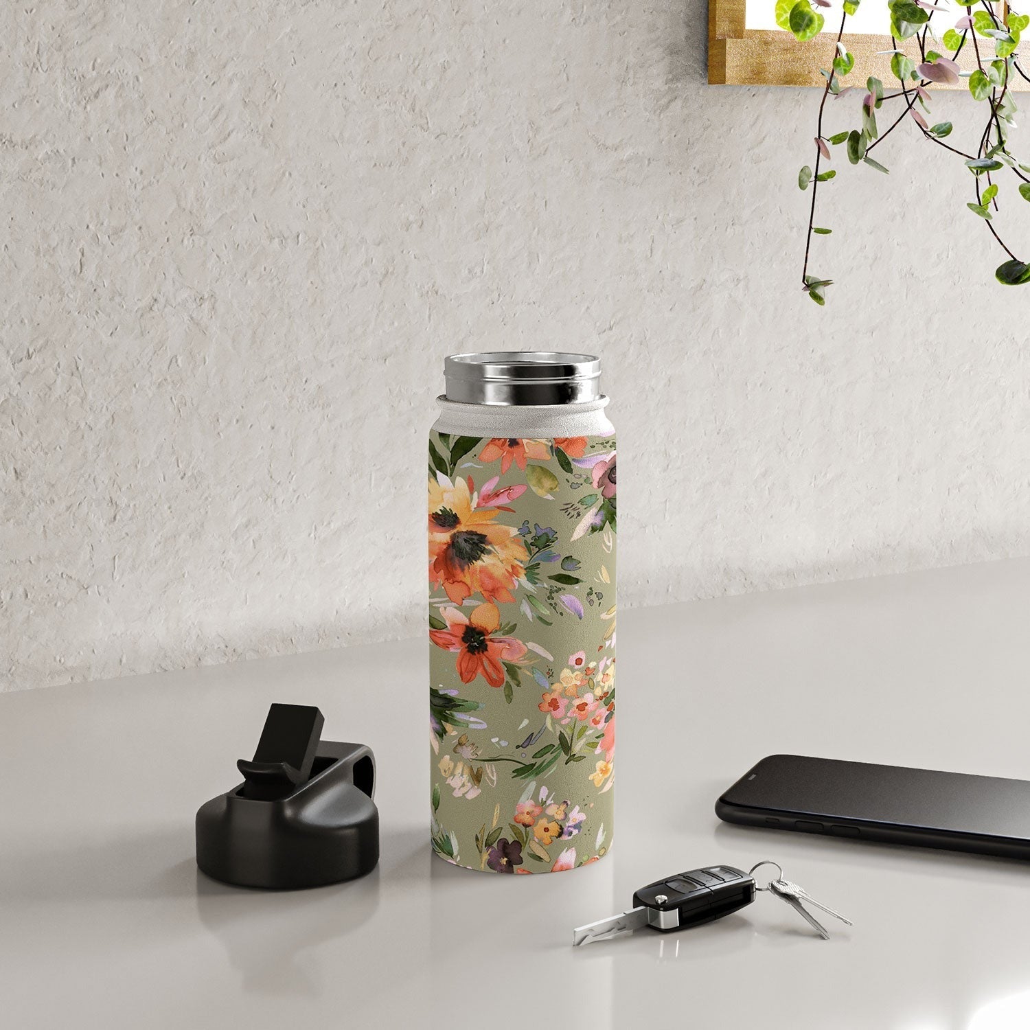 Ninola Design Botanic Retreat Painterly Tropical Flowers Sage Green Water Bottle