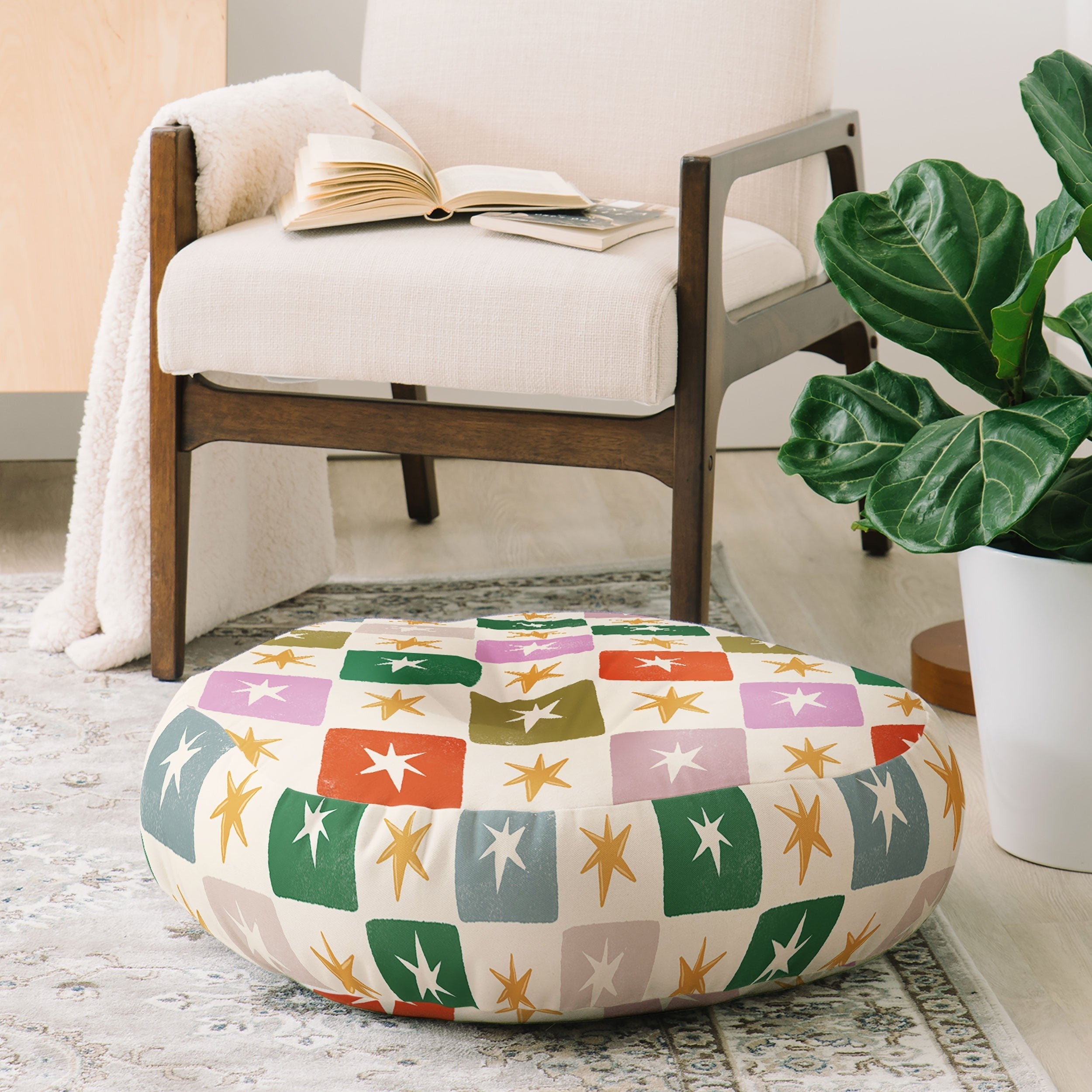 LouBruzzoni Retro Star Block Pattern Floor Pillow Round