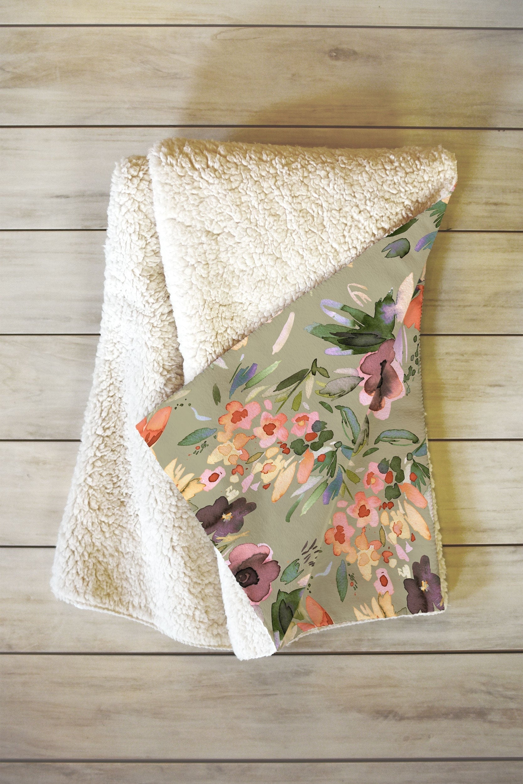 Ninola Design Botanic Retreat Painterly Tropical Flowers Sage Green Fleece Throw Blanket