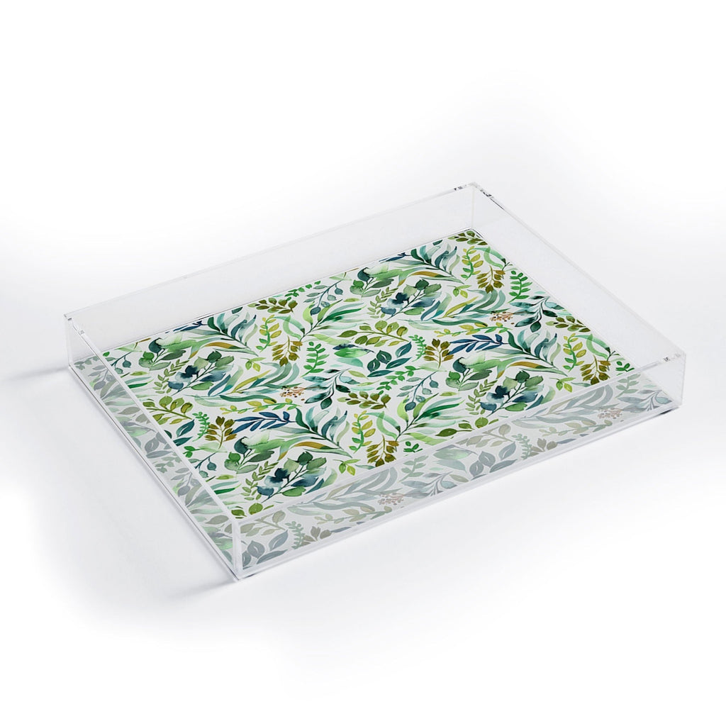 Ninola Design Botanic Retreat Loose Botanical Leaves Watercolor Green Acrylic Tray