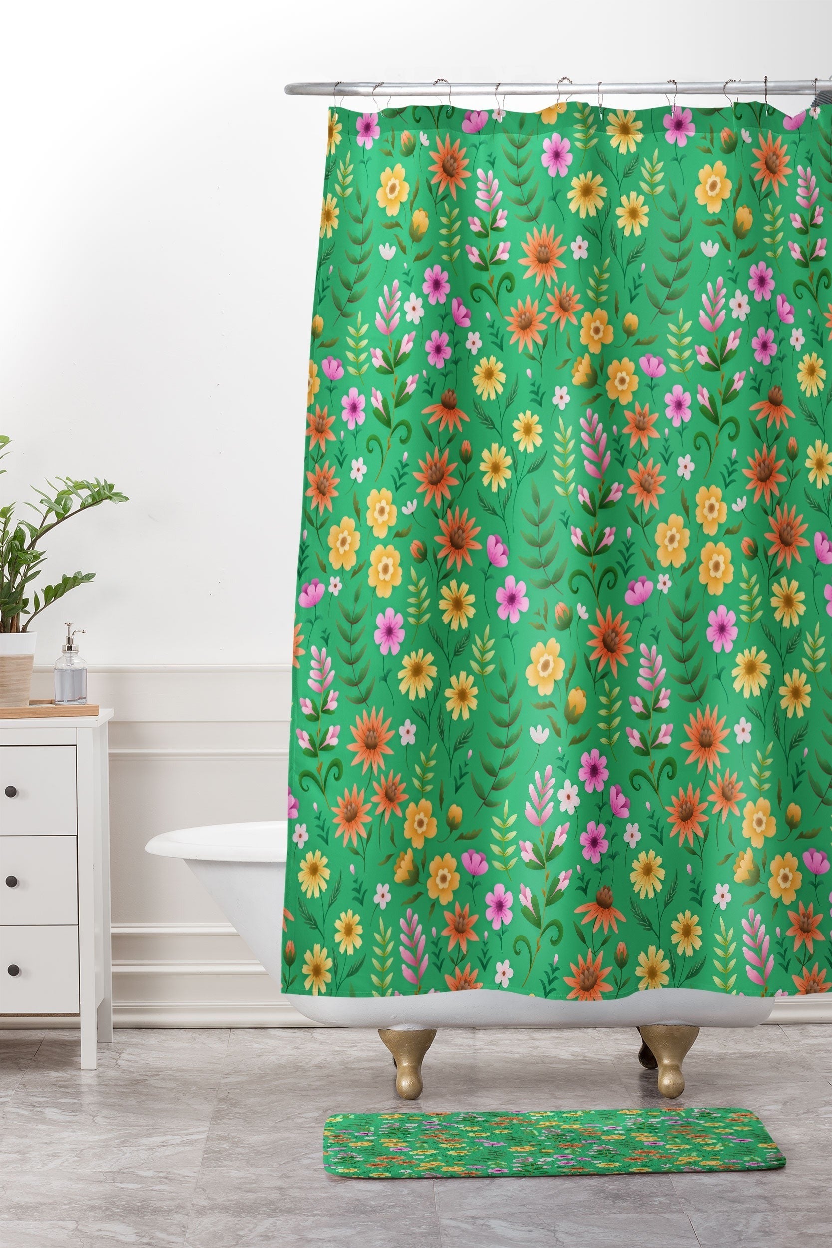 Pimlada Phuapradit Ditsy Spring Floral Green Memory Foam Bath Mat