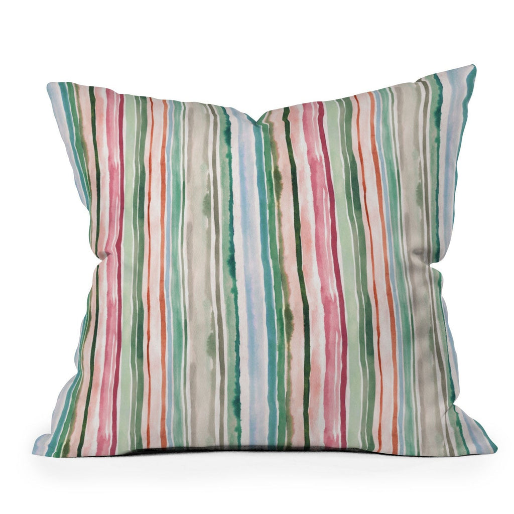 Ninola Design Botanic Retreat Watercolor Stripes Green Orange Red Outdoor Throw Pillow