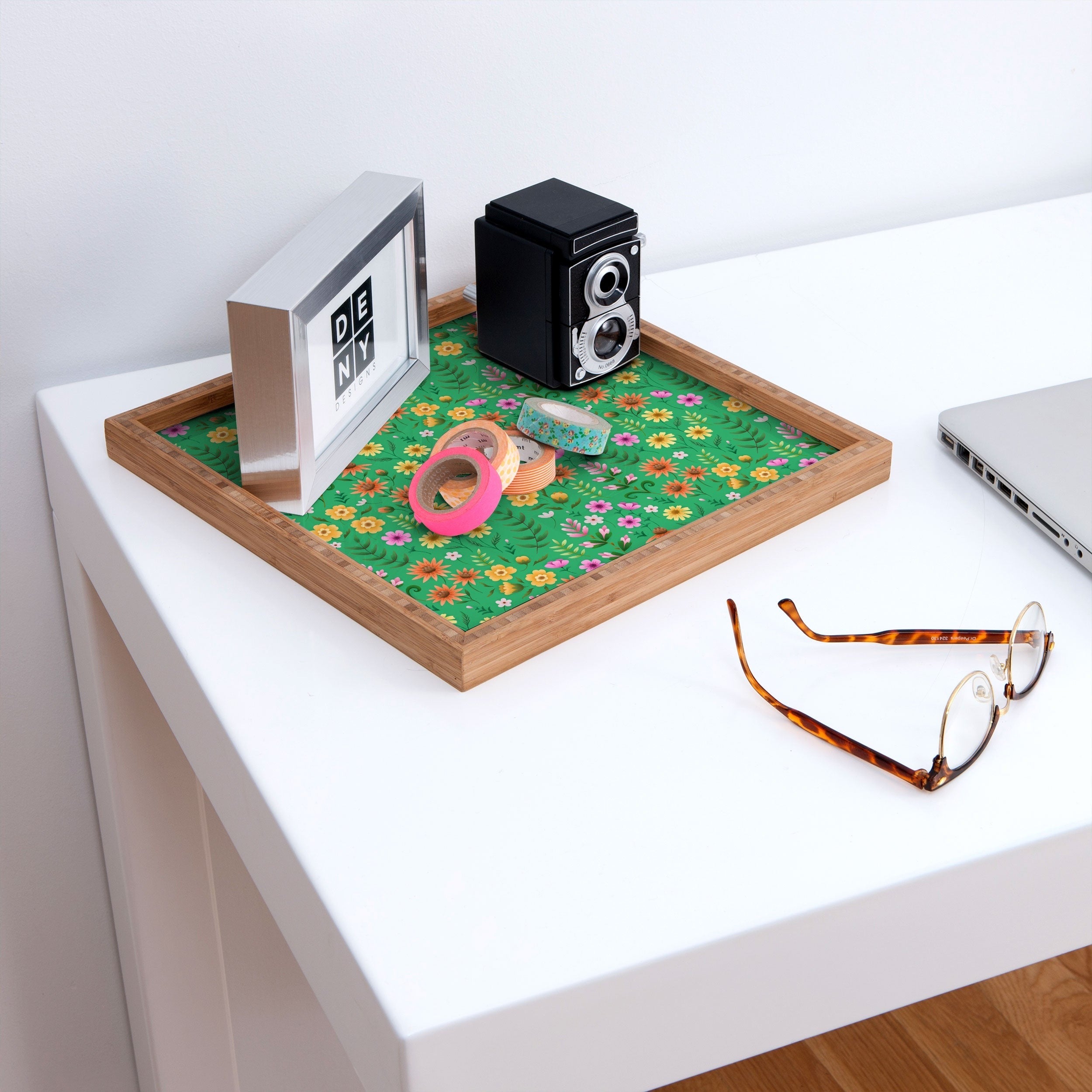 Pimlada Phuapradit Ditsy Spring Floral Green Square Tray