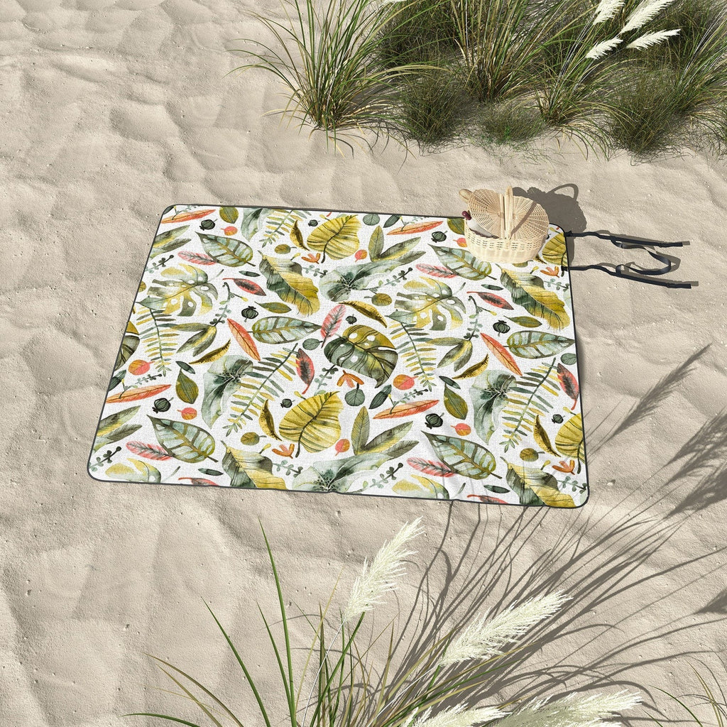 Ninola Design Botanic Retreat Tropical Jungle Leaves Botanical Green Orange Picnic Blanket