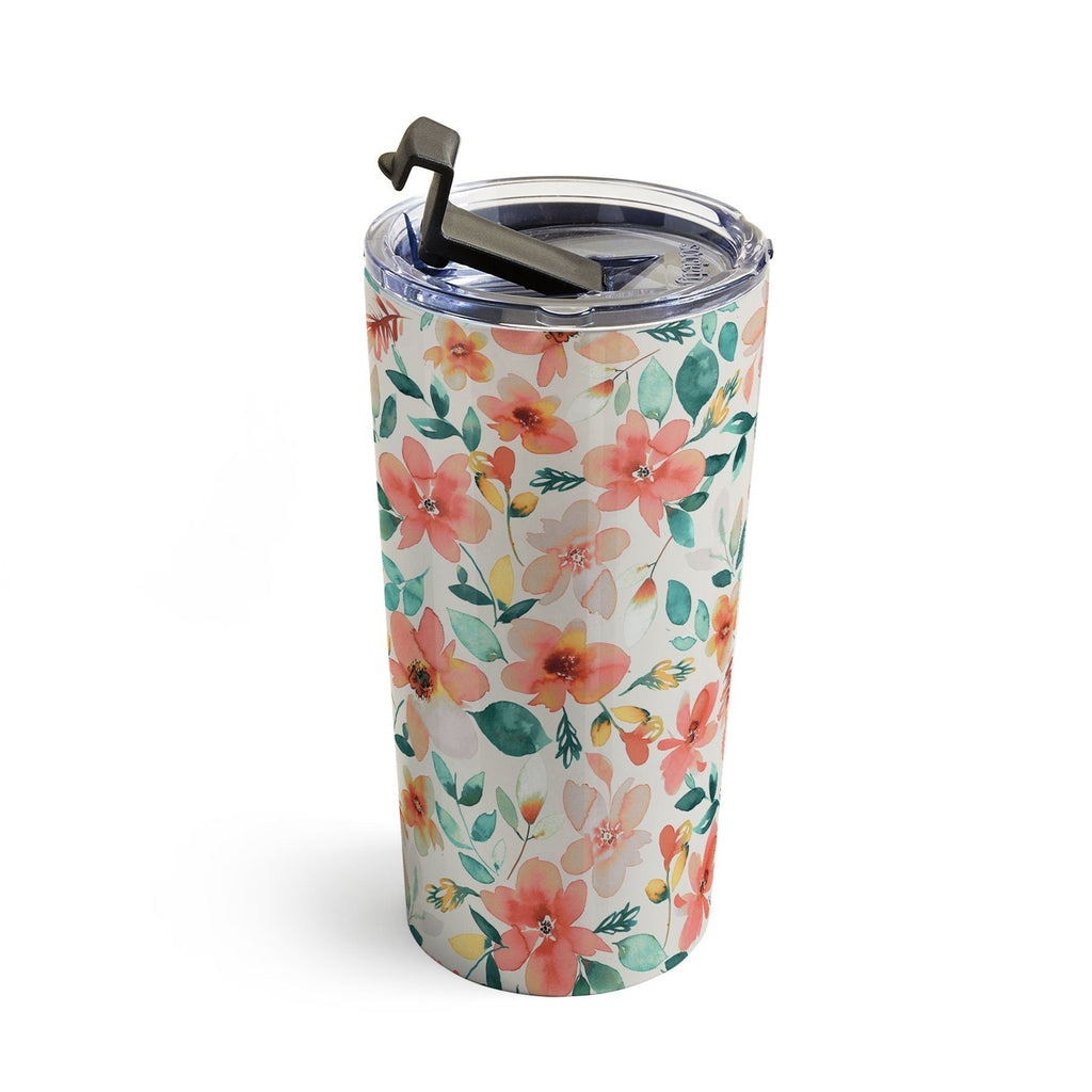Ninola Design Botanic Retreat Tropical Whimsical Flowers Coral Green Travel Mug