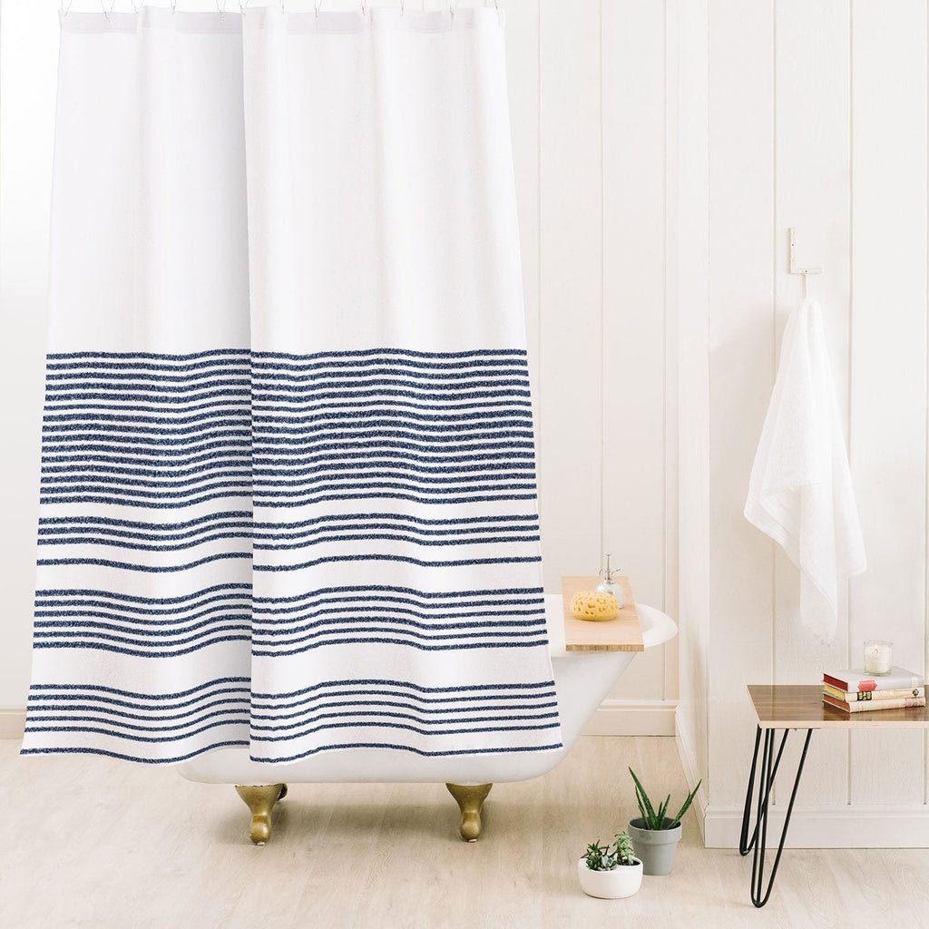 Kierkegaard Design Studio organic stripes naut navy blue and white Shower Curtain