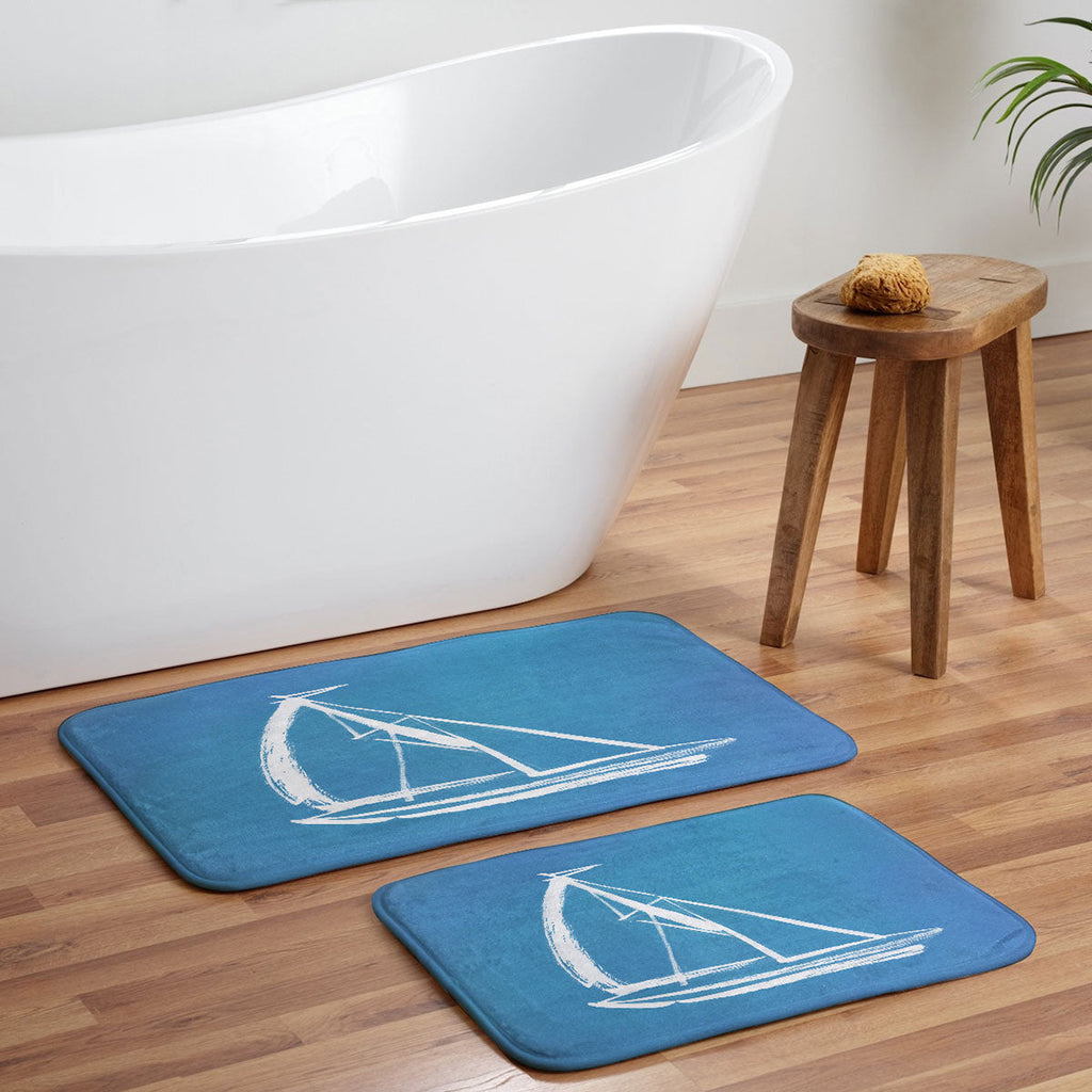 Intemporalis Sailboat Drawing Blue Memory Foam Bath Mat