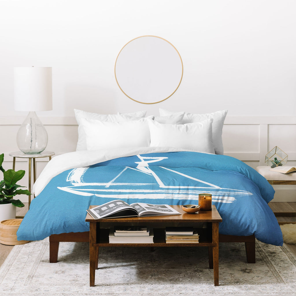 Intemporalis Sailboat Drawing Blue Duvet Cover