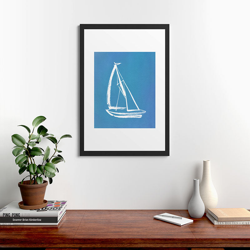Intemporalis Sailboat Drawing Blue Framed Art Print