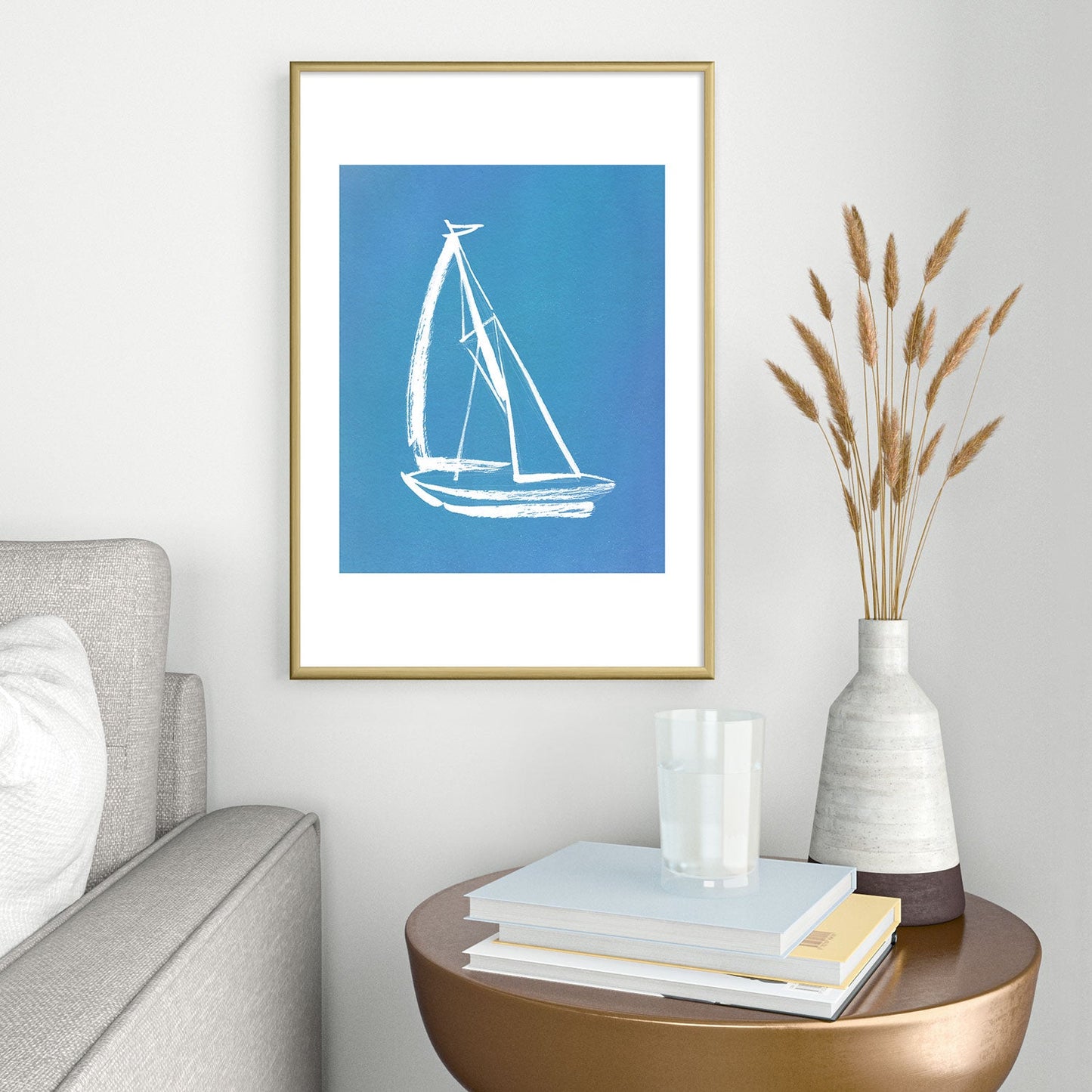Intemporalis Sailboat Drawing Blue Metal Framed Art Print