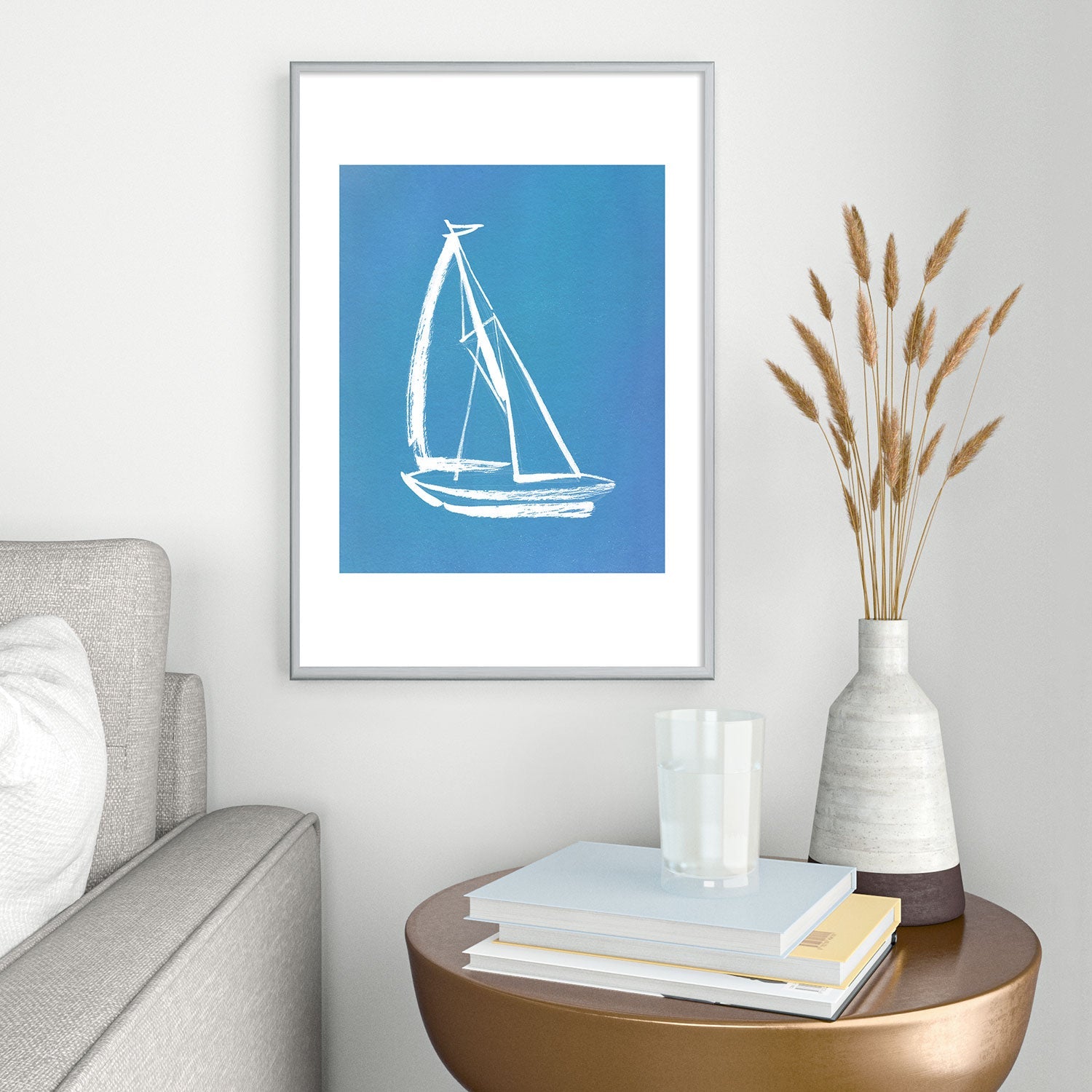 Intemporalis Sailboat Drawing Blue Metal Framed Art Print