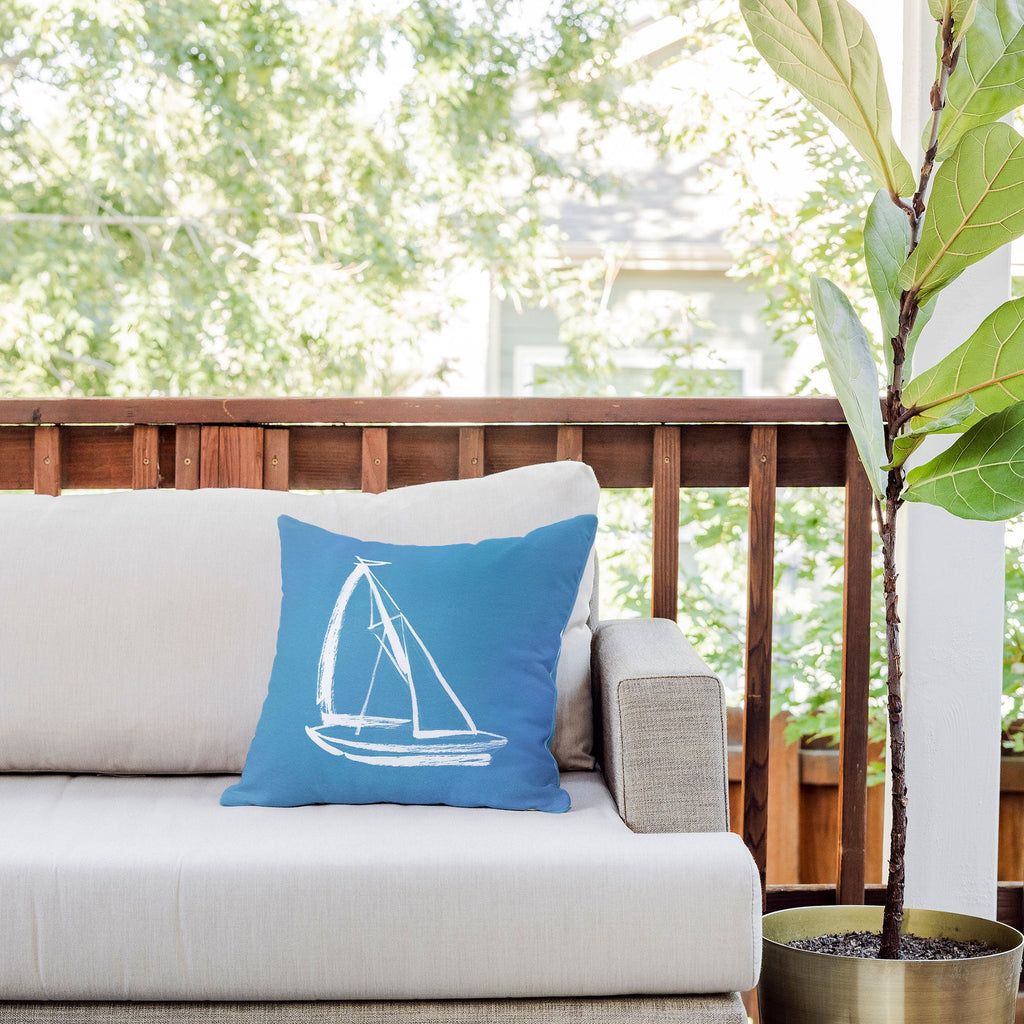 Intemporalis Sailboat Drawing Blue Outdoor Throw Pillow