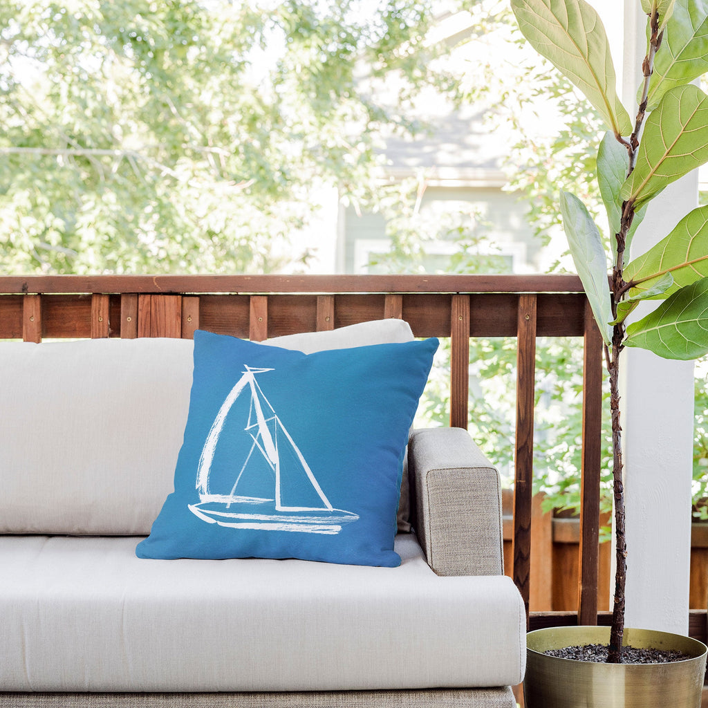 Intemporalis Sailboat Drawing Blue Outdoor Throw Pillow