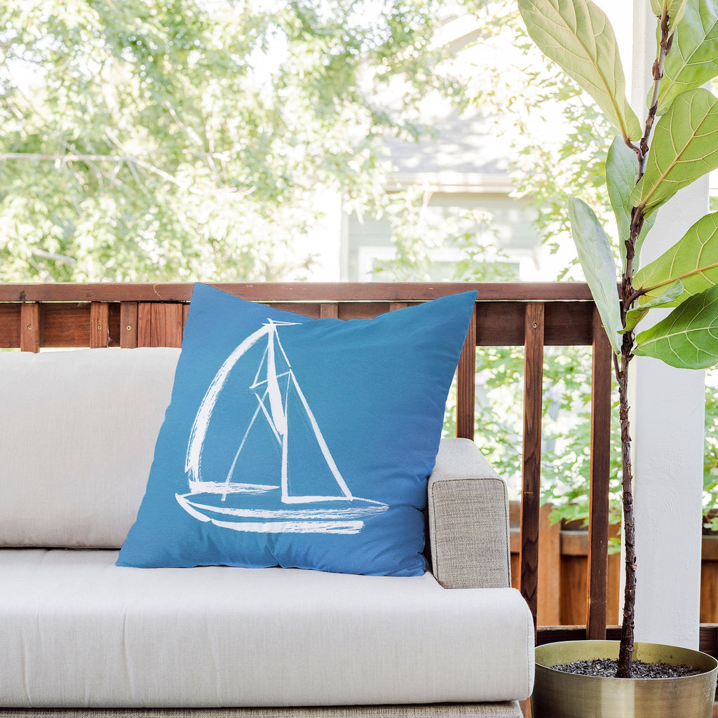 Intemporalis Sailboat Drawing Blue Outdoor Throw Pillow