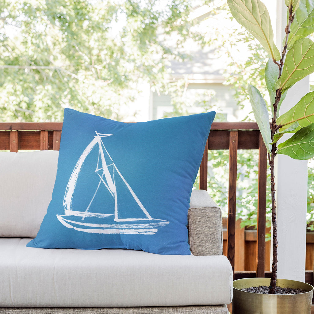Intemporalis Sailboat Drawing Blue Outdoor Throw Pillow