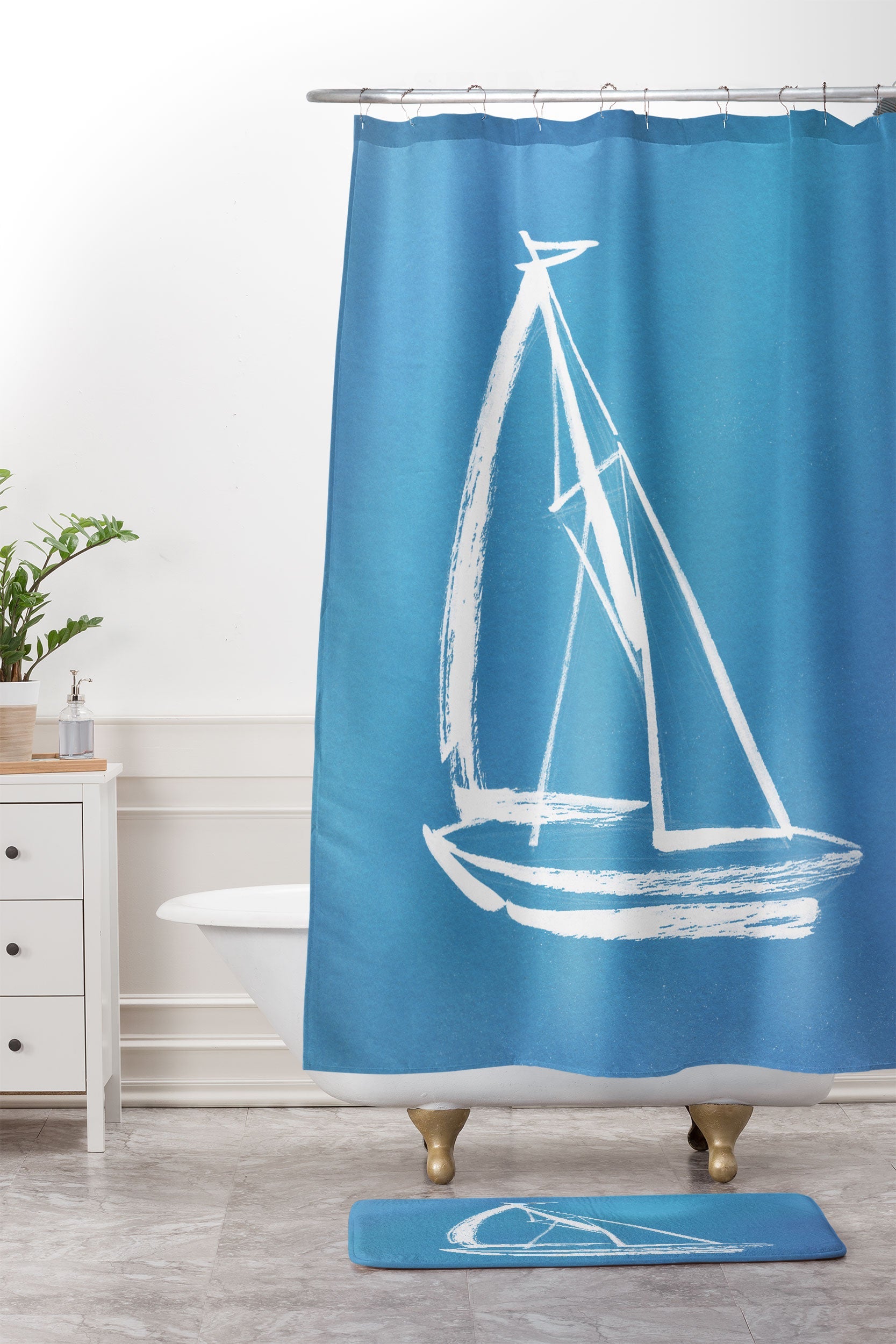 Intemporalis Sailboat Drawing Blue Memory Foam Bath Mat