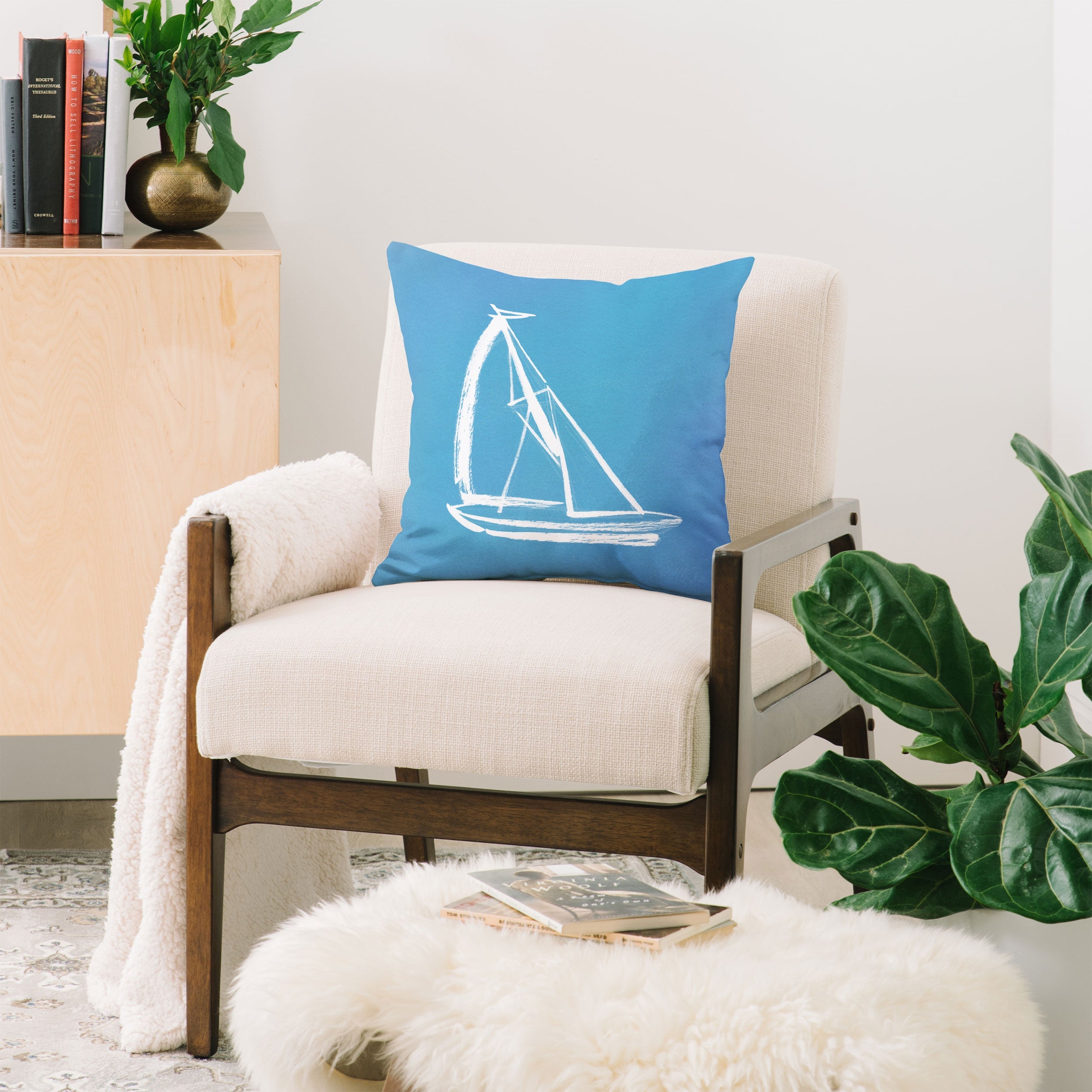 Intemporalis Sailboat Drawing Blue Throw Pillow