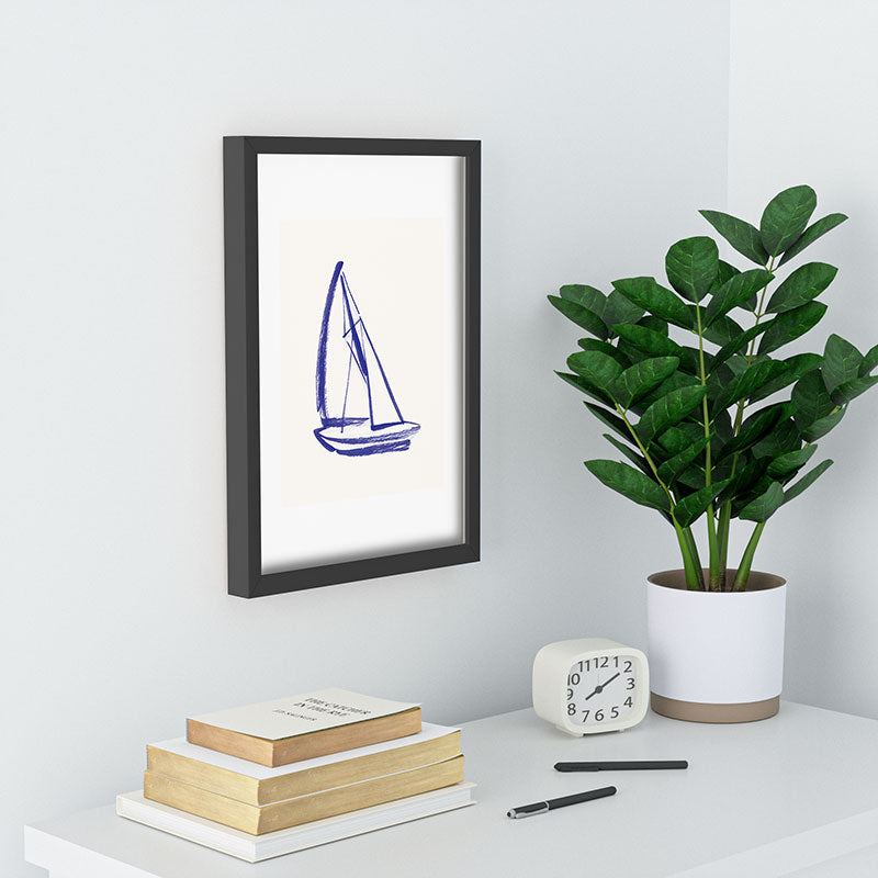 Intemporalis Sailboat Drawing Blue White Recessed Framing Rectangle