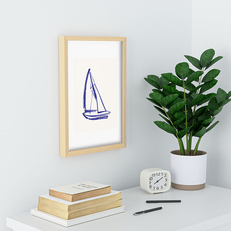 Intemporalis Sailboat Drawing Blue White Recessed Framing Rectangle