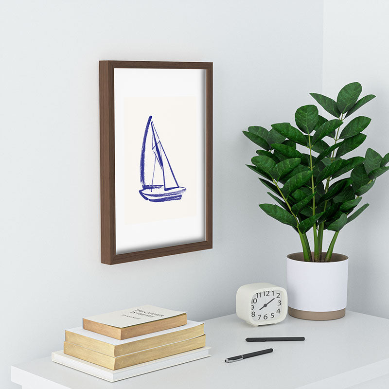 Intemporalis Sailboat Drawing Blue White Recessed Framing Rectangle