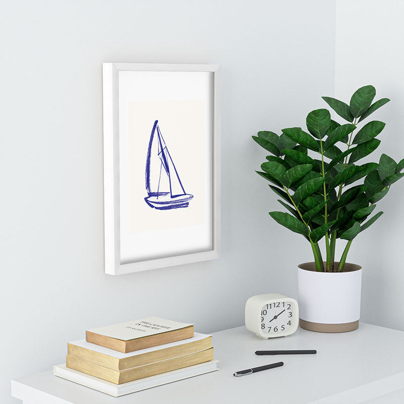 Intemporalis Sailboat Drawing Blue White Recessed Framing Rectangle
