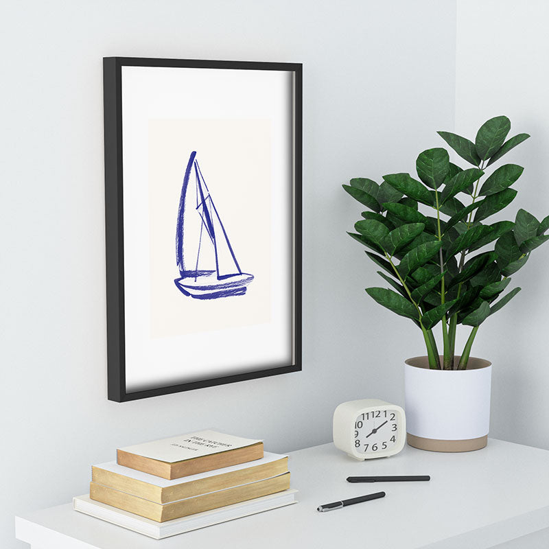 Intemporalis Sailboat Drawing Blue White Recessed Framing Rectangle