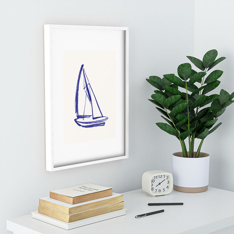 Intemporalis Sailboat Drawing Blue White Recessed Framing Rectangle